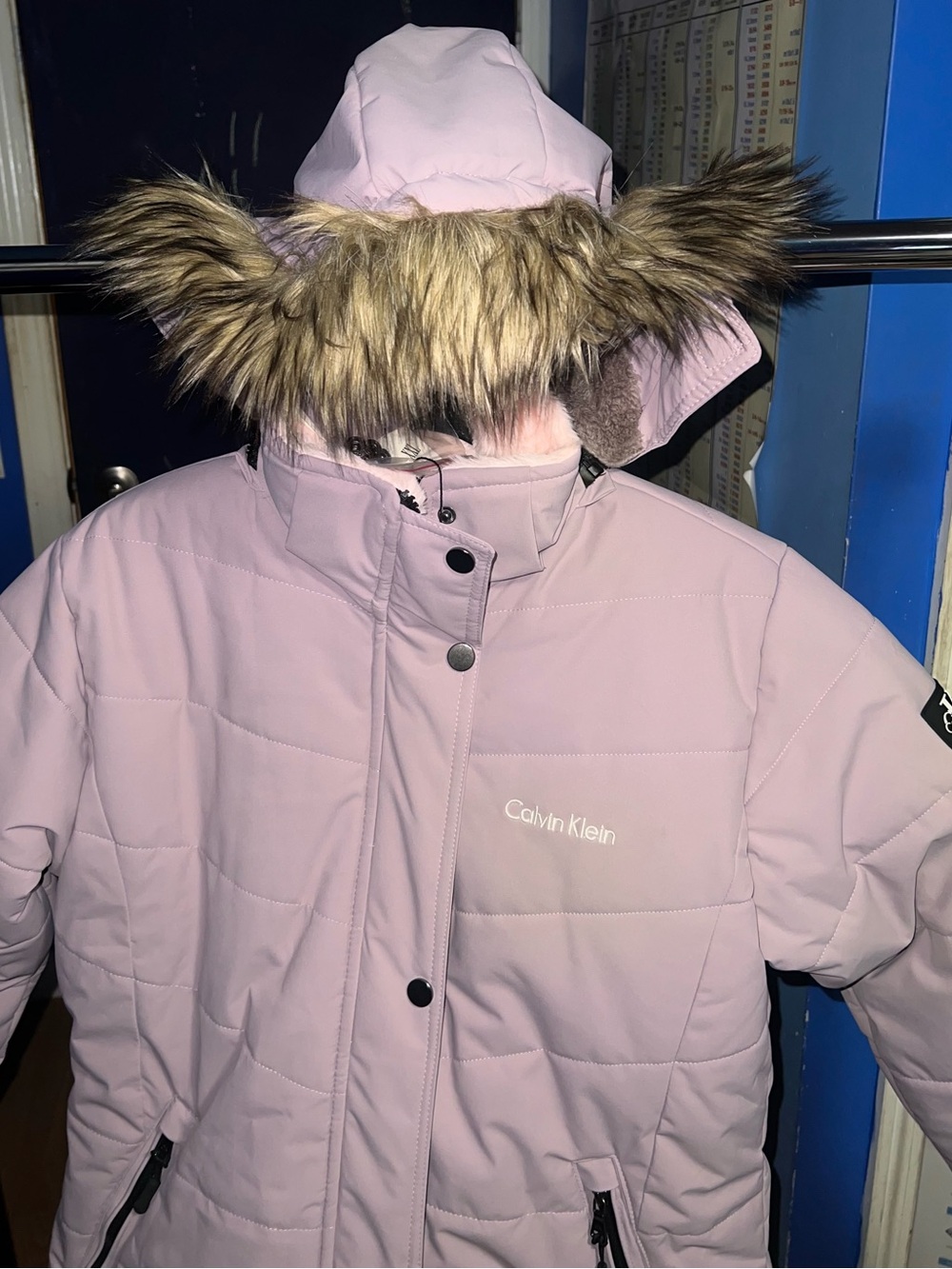 Calvin Klein Light Pink/ purple Hooded Puffer Coat with Faux Fur Trim